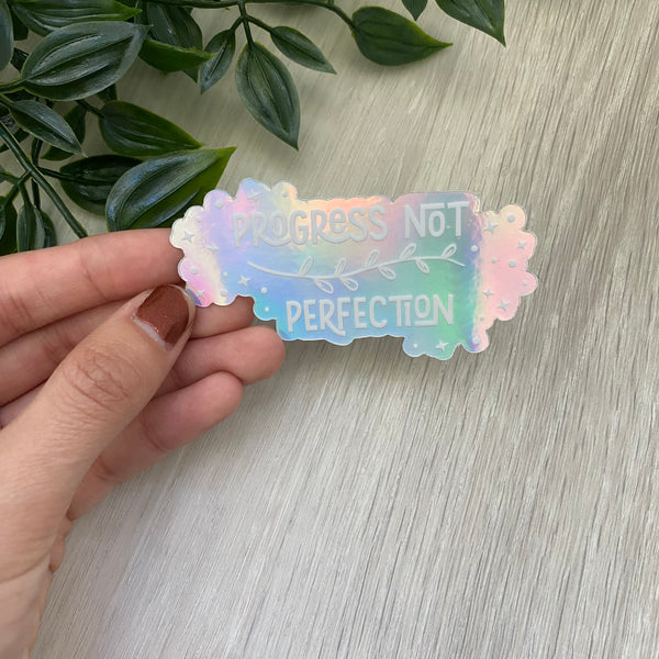 Holographic Progress Not Perfection Floral Sticker